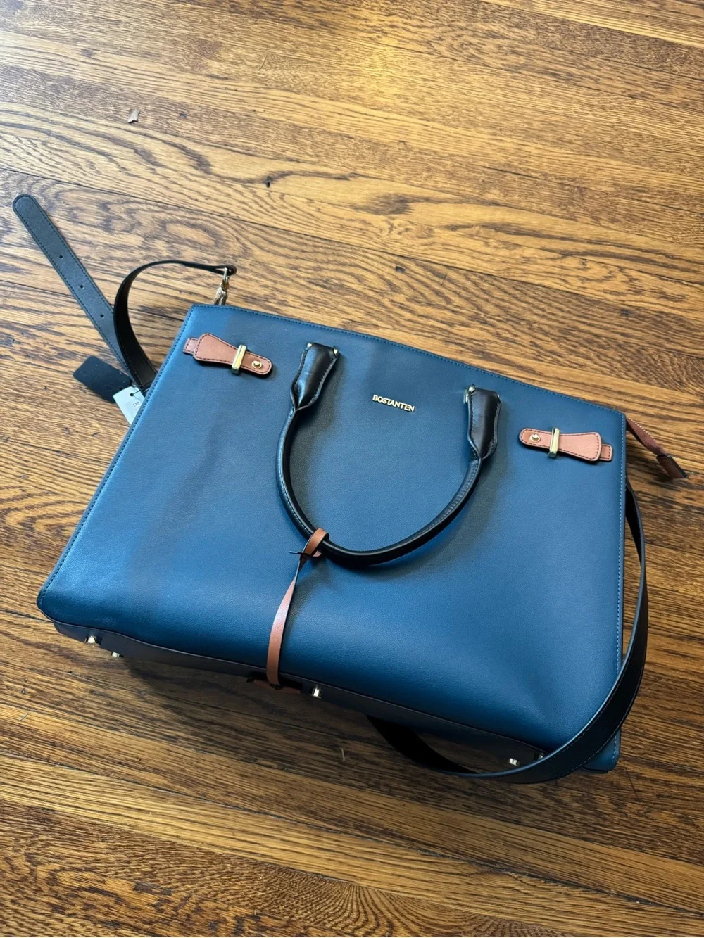 BOSTANTEN (Genuine Leather) Blue Leather Tote with Tan Accents. EXCELLENT!!!